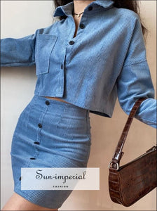Women Blue Buttoned Cropped Corduroy Jacket and front Slim Mini Skirt Set Basic style, casual And MINI SKIRT SET, harajuku Preppy Style 