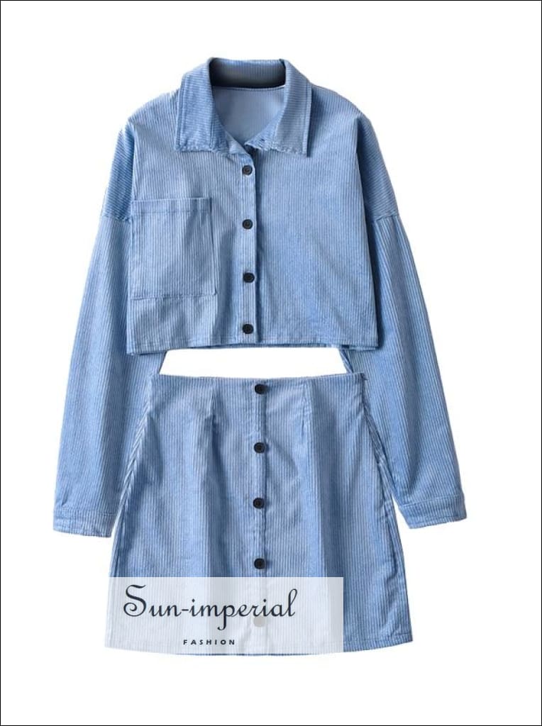 Women Blue Buttoned Cropped Corduroy Jacket and front Slim Mini Skirt Set Basic style, casual And MINI SKIRT SET, harajuku Preppy Style 