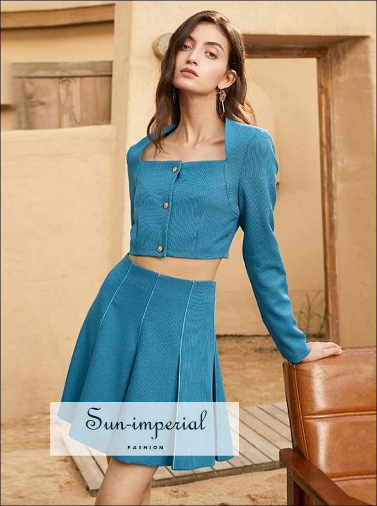Women Blue Casual Two Piece Skirt Set with Lone Sleeve Square Collar Buttoned Crop top and High casual style, elegant Preppy Style Clothes, 