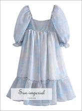 Women Blue Cloud Print Puff Sleeve Square Neckline A-line Pleated Long Dress harajuku style, Preppy Style Clothes, Unique Sun-Imperial 