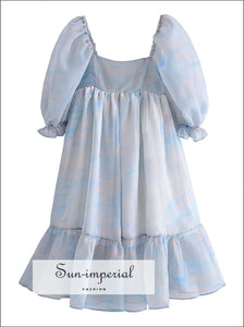 Women Blue Cloud Print Puff Sleeve Square Neckline A-line Pleated Long Dress harajuku style, Preppy Style Clothes, Unique Sun-Imperial 