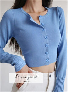 Women Blue Cropped Knit Long Sleeve Cardigan with Chunky Rib Trim Basic style, street vintage style SUN-IMPERIAL United States