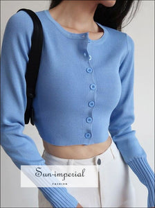 Women Blue Cropped Knit Long Sleeve Cardigan with Chunky Rib Trim Basic style, street vintage style SUN-IMPERIAL United States