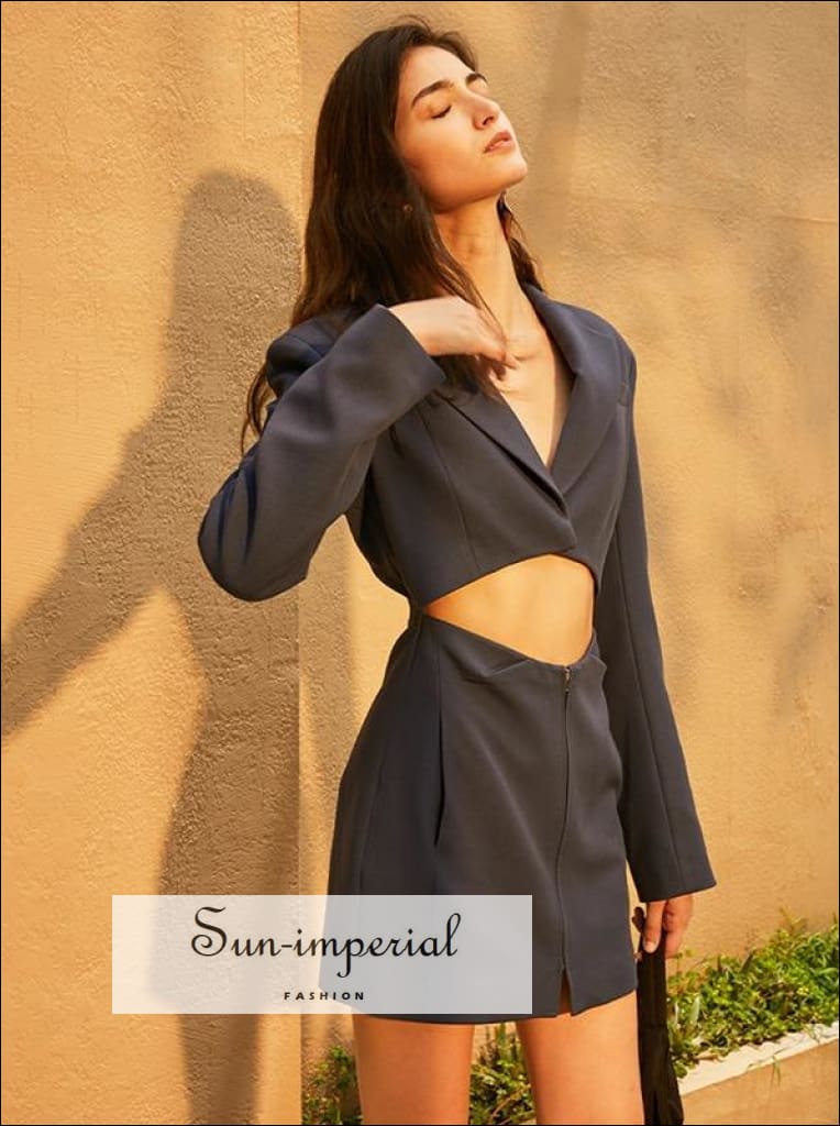 Sun-imperial - women blue cut out waist blazer dress v neck long sleeve mini bodycon dress blue / M Sun-imperial - women blue cut out waist blazer dress v neck long sleeve mini bodycon dress blue / M