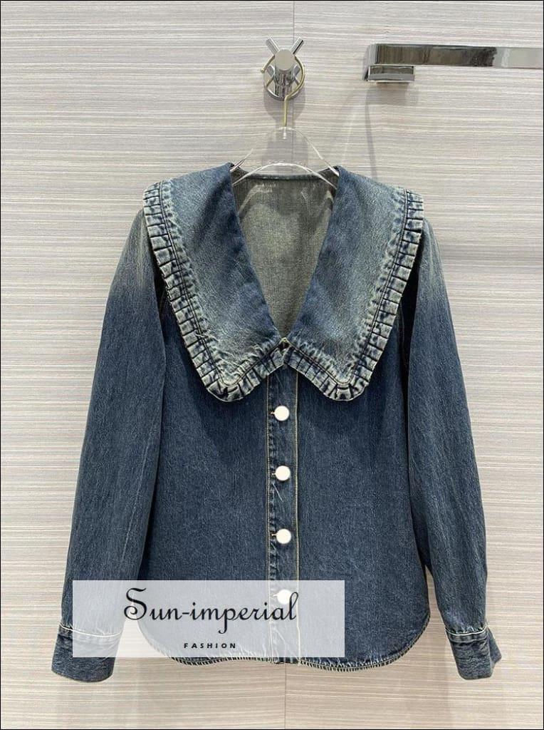 Women Blue Denim Shirt Blouse with Long Sleeve Single Breasted Peter Pan Collar and Ruffle detail casual style, harajuku Preppy Style 