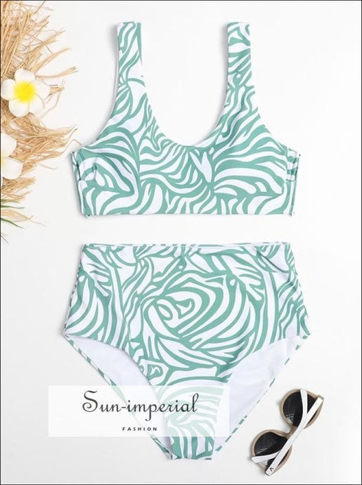 Women Blue Floral Vintage Print Sport Bra & High Waist bottom Bikini Set HIgh Bottom SUN-IMPERIAL United States