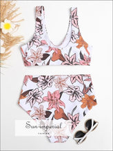 Women Blue Floral Vintage Print Sport Bra & High Waist bottom Bikini Set HIgh Bottom SUN-IMPERIAL United States