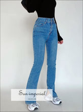 Women Blue High Rise Straight Leg Denim Jeans with side Splits Basic style, casual chick sexy harajuku Preppy Style Clothes SUN-IMPERIAL 