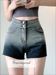 Women Blue High Rise Two Tone Ombre Denim Shorts with Raw-cut Hems casual style, harajuku PUNK STYLE, sporty street style SUN-IMPERIAL 