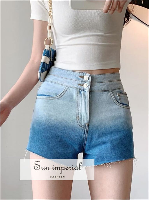 Women Blue High Rise Two Tone Ombre Denim Shorts with Raw-cut Hems casual style, harajuku PUNK STYLE, sporty street style SUN-IMPERIAL 
