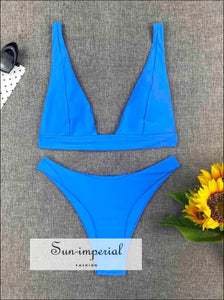 Women Blue High Waist Solid Bikini Deep V Swim Set SUN-IMPERIAL United States
