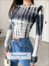 Women Blue Long Sleeve Tie Dye Cropped top Basic style, bohemian boho casual harajuku style SUN-IMPERIAL United States