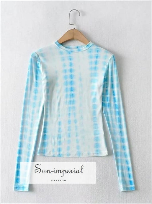 Women Blue Long Sleeve Tie Dye Cropped top Basic style, bohemian boho casual harajuku style SUN-IMPERIAL United States