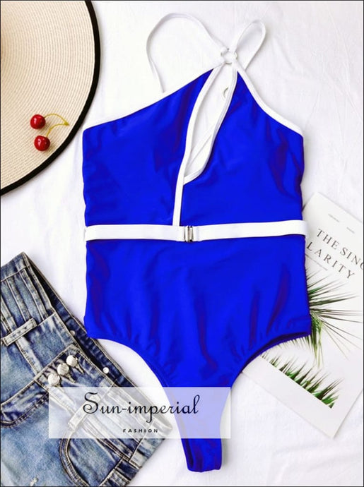 Women Blue One Shoulder Cut out Asymmetric Backless Piece Swimwear with Buckle and Metal O- Ring Red With And Details SUN-IMPERIAL United 