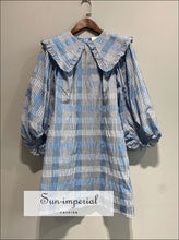 Women Blue Plaid Mini Dress with Peter Pan Collar and Puff Short Sleeve detail With pan And Detail SUN-IMPERIAL United States