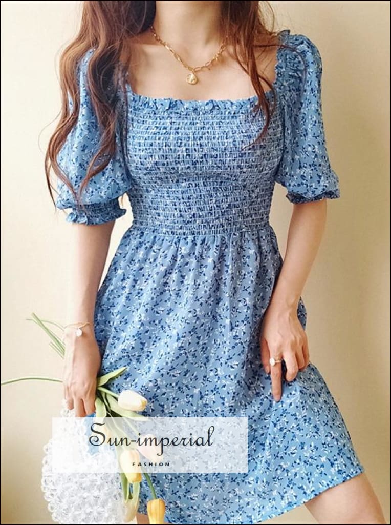 Sun-imperial - women blue short puff sleeve floral shirred a-line elastic mini dress blue / S Sun-imperial - women blue short puff sleeve floral shirred a-line elastic mini dress blue / S