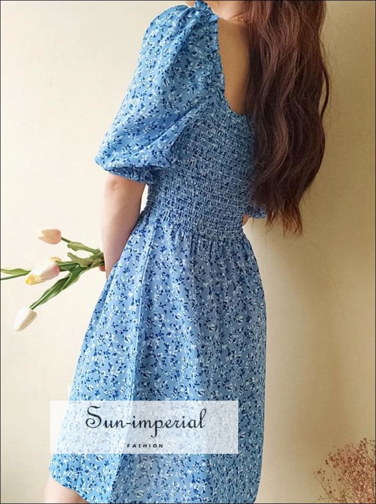 Sun-Imperial - Women Blue Short Puff Sleeve Floral Shirred A-Line Elastic Mini Dress Blue / S Sun-Imperial - Women Blue Short Puff Sleeve Floral Shirred A-Line Elastic Mini Dress Blue / S