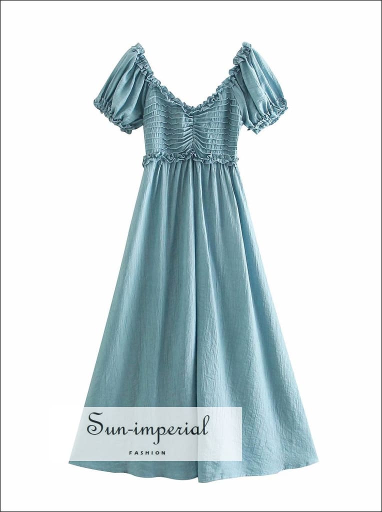 Sun-imperial - women blue short puff sleeve square collar elastic pleated ruched maxi dress sky blue / L