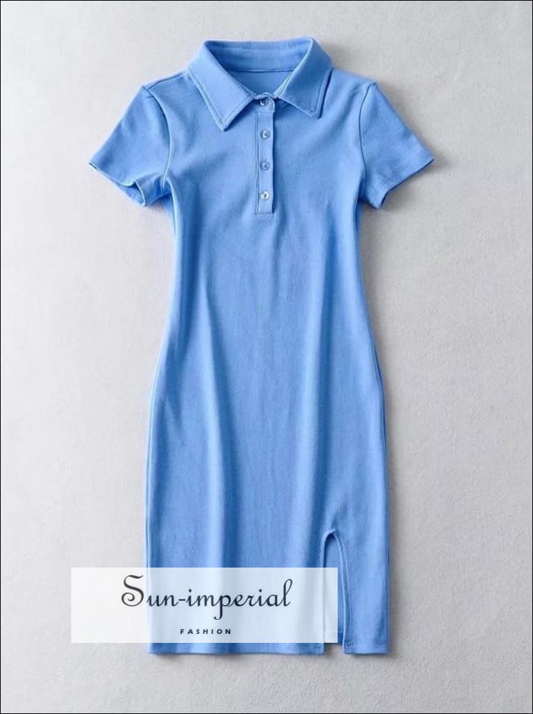 Women Blue Short Sleeve Polo Collar Bodycon Casual Ribbed Mini Dress with front Buttons and Split Basic style, casual harajuku Preppy Style 