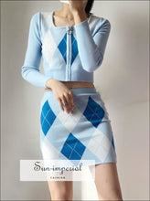 Women Blue Square Neck Zip through front Crop Argyle Knit Cardigan co Ord Knitted Mini Skirt 2 piece, piece set, skirt Basic style, casual 