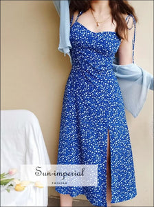Women Blue Tie Straps Sweetheart Neckline Floral Print Midi Dress with High Slit detail Beach Style Print, bohemian style, boho casual 