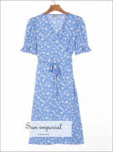 Women Blue with White Daisy Print Wrap Ties Waist Midi Dress Short Puff Ruffled Sleeve Beach Style Print, bohemian style, boho vintage 