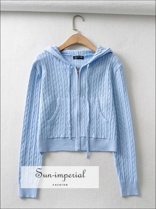 Women Blue Zipped Cropped Hoodie Knit Cardigan with front and side Pockets Basic style, casual harajuku hooded cardigan zipper, Preppy Style