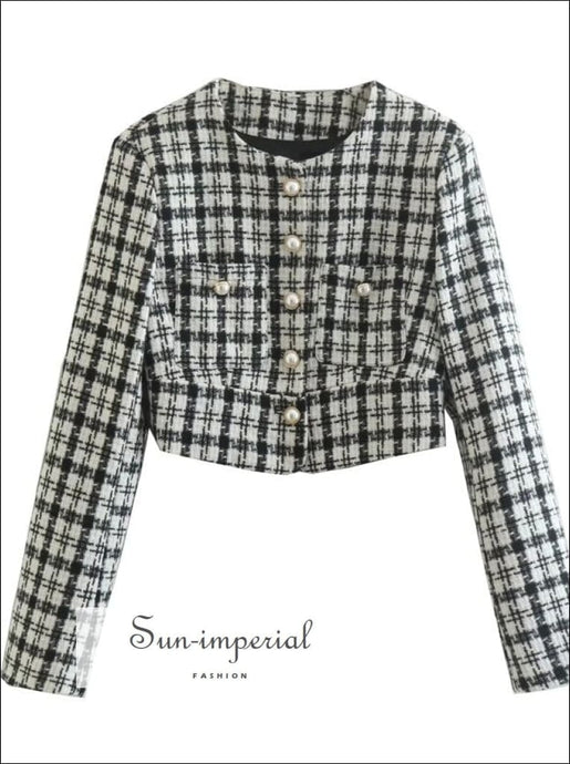 Women Buttoned Cropped Checkered Plaid Blazer With Chest Pockets Detail Sun-Imperial United States