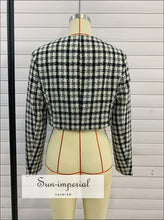 Women Buttoned Cropped Checkered Plaid Blazer With Chest Pockets Detail Sun-Imperial United States