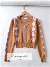 Women Brown and Purple Buttoned Argyle Knit Cardigan Mini Skirt Two Pieces Cardi casual style, harajuku Preppy Style Clothes, PUNK STYLE, 