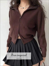 Women Brown Dual Zipper Knit Cardigan with Pockets detail Basic style, casual harajuku Preppy Style Clothes, PUNK STYLE SUN-IMPERIAL United 