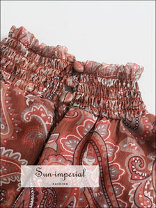 Women Brown Floral Print Elastic A-line Chiffon Long Sleeve Victorian Mini Dress High Neck Collar Beach Style Print, Bohemian Style, Elegant