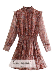 Sun-Imperial - Women Brown Floral Print Elastic A-Line Chiffon Long Sleeve Victorian Mini Dress High Brown / L Sun-Imperial - Women Brown Floral Print Elastic A-Line Chiffon Long Sleeve Victorian Mini Dress High Brown / L
