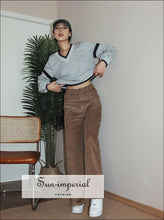 Women Brown High Waist Wide Leg Cord Trousers Corduroy Pants casual style, harajuku Preppy Style Clothes, PUNK STYLE, wide leg women 