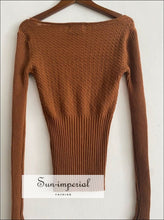 Women Brown Knitted Wool Blend Long Sleeve Square Collar Casual Sweater top casual style, vintage style SUN-IMPERIAL United States