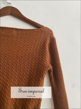 Women Brown Knitted Wool Blend Long Sleeve Square Collar Casual Sweater top casual style, vintage style SUN-IMPERIAL United States