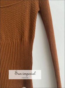 Women Brown Knitted Wool Blend Long Sleeve Square Collar Casual Sweater top casual style, vintage style SUN-IMPERIAL United States