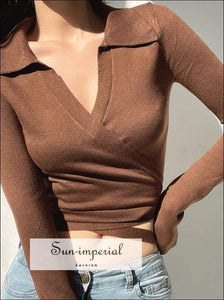 Women Brown Long Sleeve Collared Wrap Knitted Cropped top SUN-IMPERIAL United States