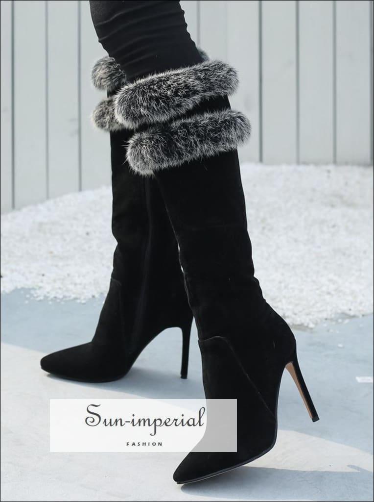 Knee Boots Heel Boots With Fur Black Fur Heel Boots: Premium