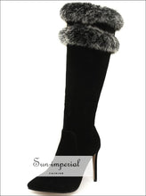 Women Brown Pointed Toe Knee Boots with thin High Heels and Double Grey Fur detail Booties boots, elegant style, knee high boots fur, 