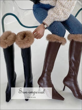 Women Brown Pointed Toe Knee Boots with thin High Heels back Zipper and Fur detail Booties boots, knee high pointed toe booties, women 