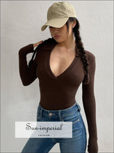 Women Brown Ribbed Deep V Collar Long Sleeve Bodysuit top Basic style, casual chick sexy elegant harajuku style SUN-IMPERIAL United States