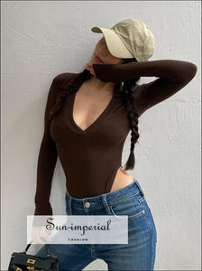 Women Brown Ribbed Deep V Collar Long Sleeve Bodysuit top Basic style, casual chick sexy elegant harajuku style SUN-IMPERIAL United States