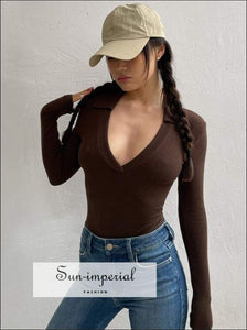 Women Brown Ribbed Deep V Collar Long Sleeve top Basic style, casual chick sexy elegant harajuku style SUN-IMPERIAL United States