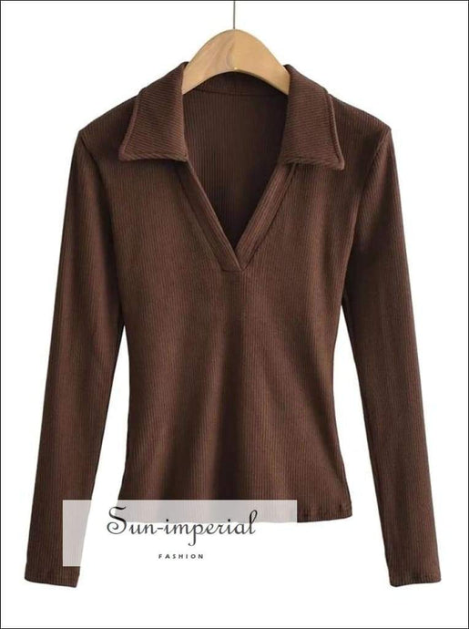 Women Brown Ribbed Deep V Collar Long Sleeve top Basic style, casual chick sexy elegant harajuku style SUN-IMPERIAL United States