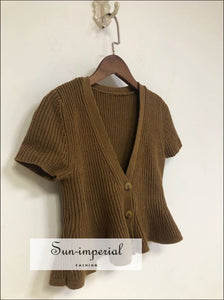 Women Brown Short Sleeve Knit Sweater with Ruffles Hem Edges V-neck Single-breasted Cardigan vintage style SUN-IMPERIAL United States