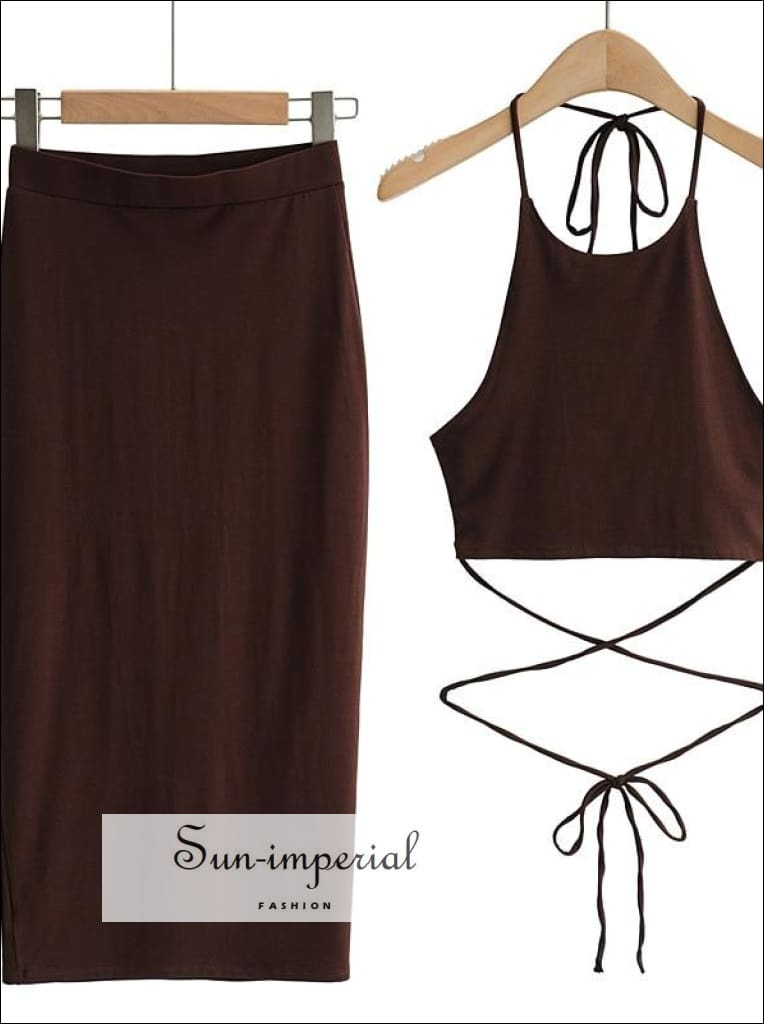 Women Brown Sporty Casual Co-ord Tie Halter Crop top with Wrap around Waist Midi Pencil Skirt Basic style, casual chick sexy harajuku PUNK 