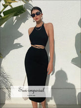 Women Brown Sporty Casual Co-ord Tie Halter Crop top with Wrap around Waist Midi Pencil Skirt Basic style, casual chick sexy harajuku PUNK 