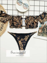Women Brown Tribal Print off Shoulder Ruffled Frilled Bikini Set with Rust Gold Chain Decor White Ribbed Off WIth SUN-IMPERIAL United States