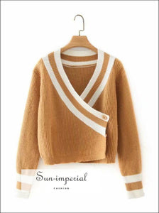 Women Brown V Neck with White Stripe detail Cardigan Sweater side Button Casual Knitted top chick sexy style, Unique vintage style 